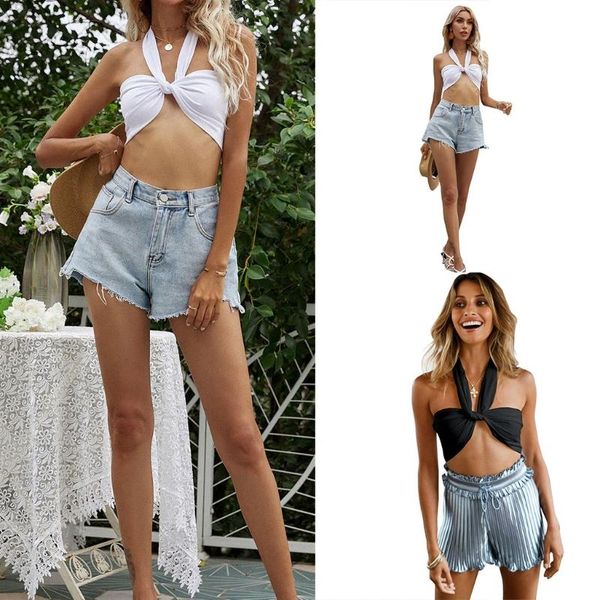 

women's tanks & camis women summer halter bandage crop ruched twist knotted strappy vest criss cross over front sleeveless shirts, White