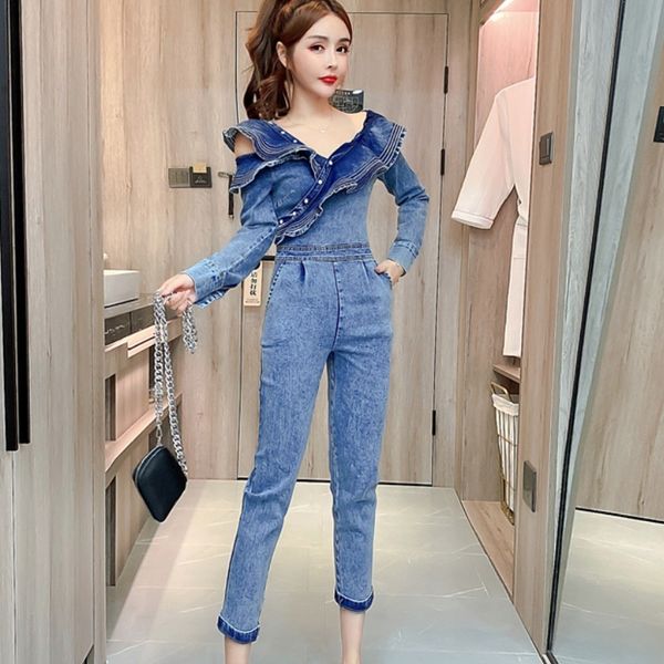 Mode Frauen Vintage-Body Hohe Taille Bodycon Strampler Reißverschluss Rüschen Frau Schulterfrei Denim Overalls Overall 210518