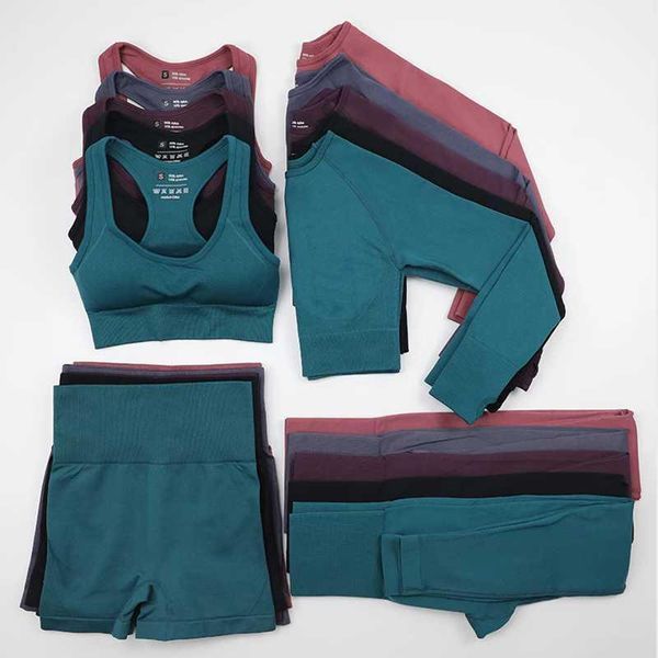 

yoga outfit set seamless fitness suit workout clothes for women crop long sleeve sports bra leggings shorts gym clothing
