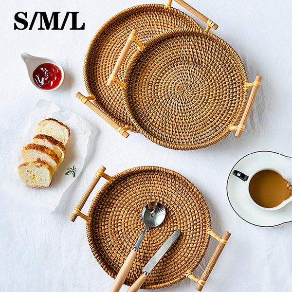 

rattan storage tray round basket with handle hand-woven wicker bread fruit breakfast drink snack display baskets