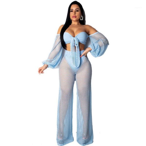 

summer women two piece outfits fishnet crop and high waist straight pants 2pcs matching sets club party wear women's tracksuits, Gray