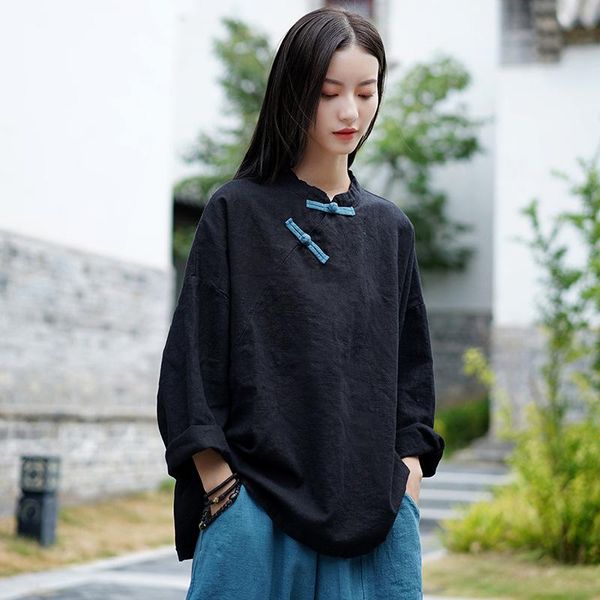 

women loose cotton linen blouse shirt ladies retro stand collar chinese style vintage female 2021 autumn patchwork women's blouses & s, White