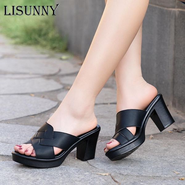 

slippers lisunny women's sandals 2021 summer 7cm high heels women shoes woman casual, Black