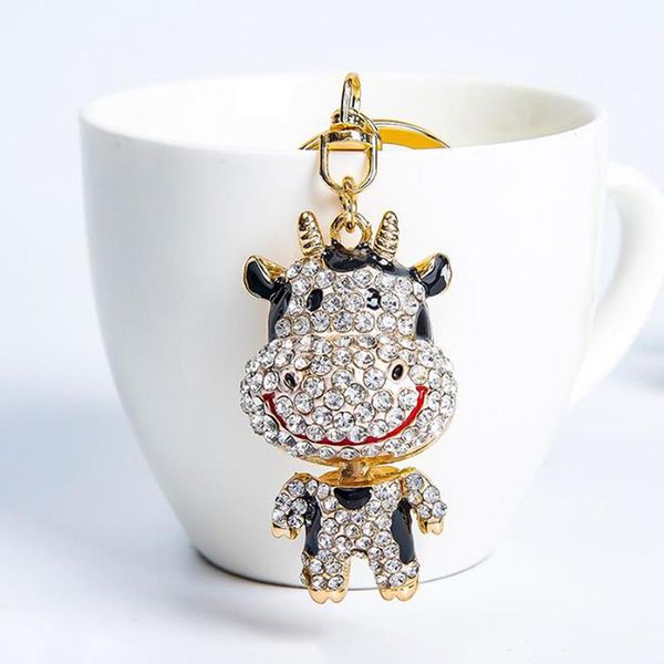 

keychains car handbag chram key holder 2021 chinese year of ox rhinestone crystal lovely cow keychain keyring, Silver