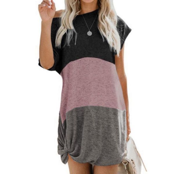 

women's t-shirt 2021 short-sleeved spliced kink print dress with contrasting colors, White