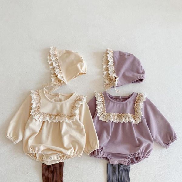 Bebê Primavera Nova Roupas Bebé Bodysuit Lace Ruffled Longa Manga Longa Uma Peça Infantil Meninas Garotas Macacão Outfit com chapéu 210413