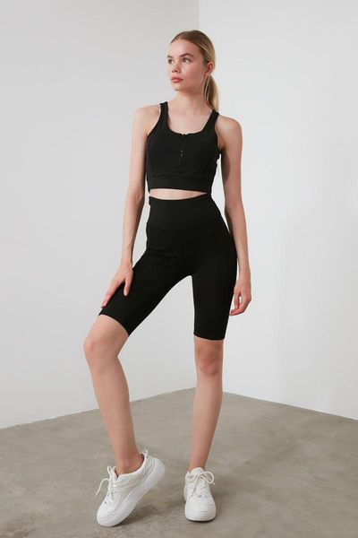 

black rallying high waist pocket detailed sports biker tights women's leggings