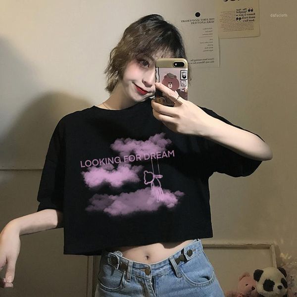 

black short female tees summer 2021 high waist navel korean style loose fashion clothes sleeve women t-shirts women's t-shirt, White