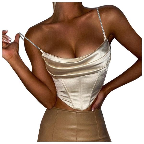 

stretch satin diamond chain sling slim fit corset crop women short female 2021 summer mujer #t1g women's tanks & camis, White