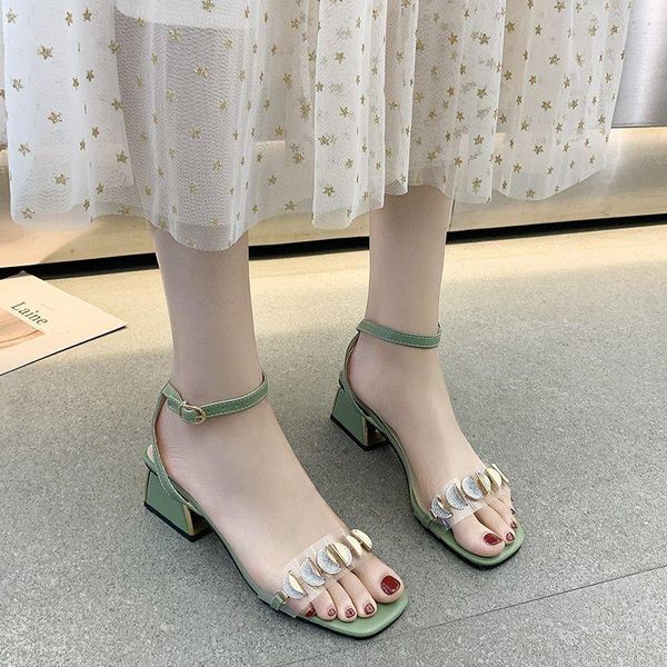 

thick heel sandals women crystal transparent pvc shoes summer sweet open toe high beige green, Black