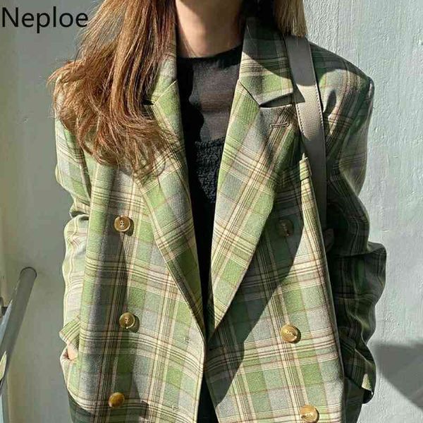 Neploe Koreanische Mode Jacke Frauen Frühling Temperament Plaid Mantel Weibliche Zweireiher Midi Muster Tops Lose Beiläufige Outwear 210422