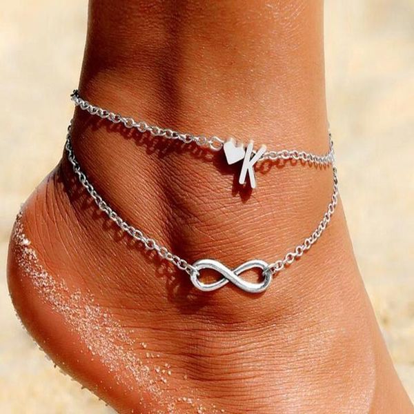 

boho double layers diy name initial letter anklets for women heart infinity ankle bracelet foot jewelry mujer accessories charm bracelets, Golden;silver