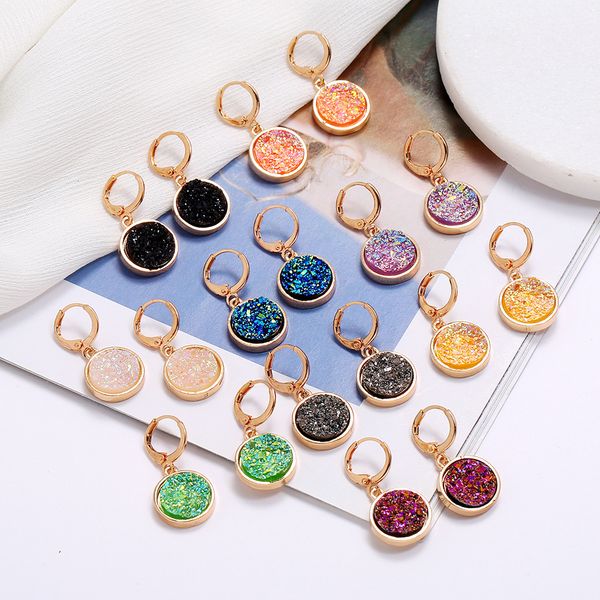 

resin pink green blue druzy drusy designer earrings round charms fashion dangle earring for women, Golden