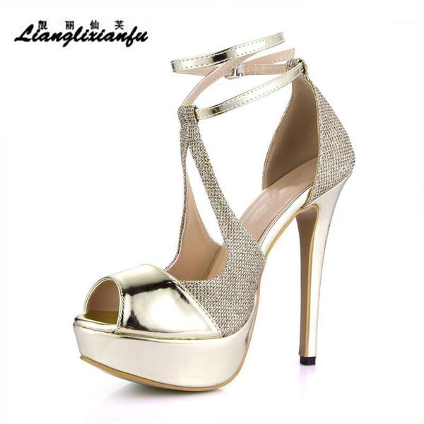 

stiletto summer 14cm thin heels platform shoes woman gold t-strap pumps buckle sandals sandalias mujer plus:35-401, Black