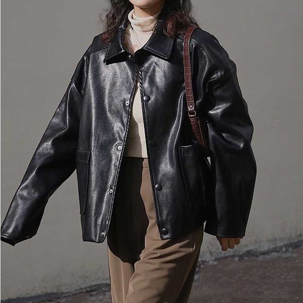 

profile pu leather jacket women's autumn korean-style loose cropped 210607, Black