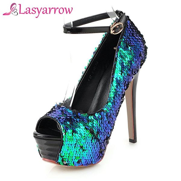 

dress shoes lasyarrow fashion platform pumps women ultra high stiletto heels 13.5cm peep toe glitters sequins party wedding shoe, Black