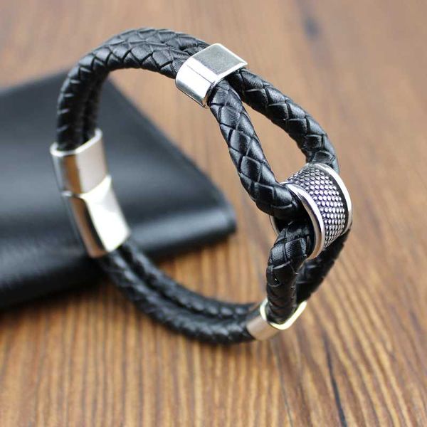 

beaded, strands 2021 european and american trend woven leather rope cylinder connector bracelet for men, Black