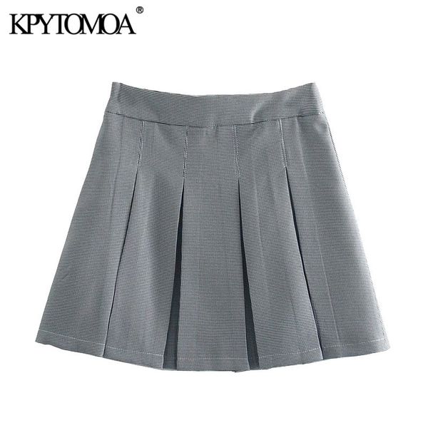 

women chic fashion houndstooth pleated mini skirt vintage high waist side zipper female skirts mujer 210416, Black