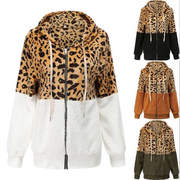 

women's leopard stitching 2021 winter new coat plus thick plush sweater hooded top, Black