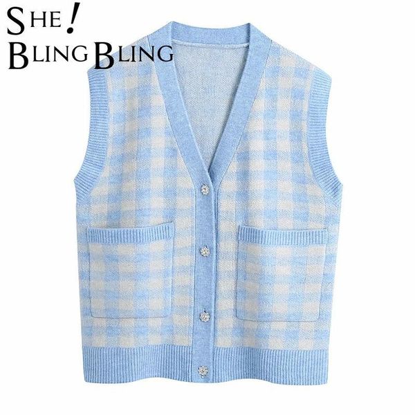 

woman blue loose plaid knitted vest cardigan spring fashion ladies v neck tanks girls sweet oversizd sweaters 210523, Black;white