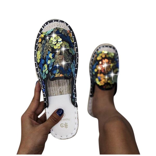 

slippers bohemia women large size sequin lace straw toe cloth flip flops casual capless fisherman beach shoes for girl fashion, Black