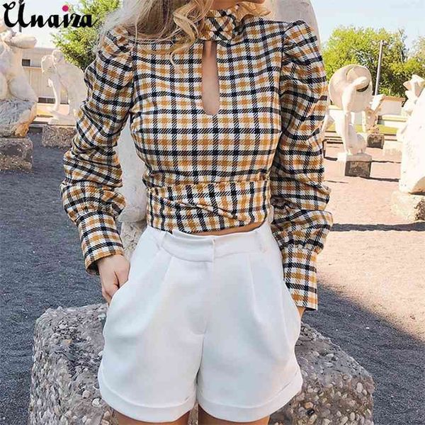 

unaiza female plaid long-sleeved halter ladies style all-match printed bow lantern sleeve slim hedging shirt 210522, White