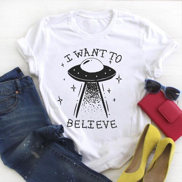 

ufo letter space 90s womens printed cartoon summer tee clothes graphic, White