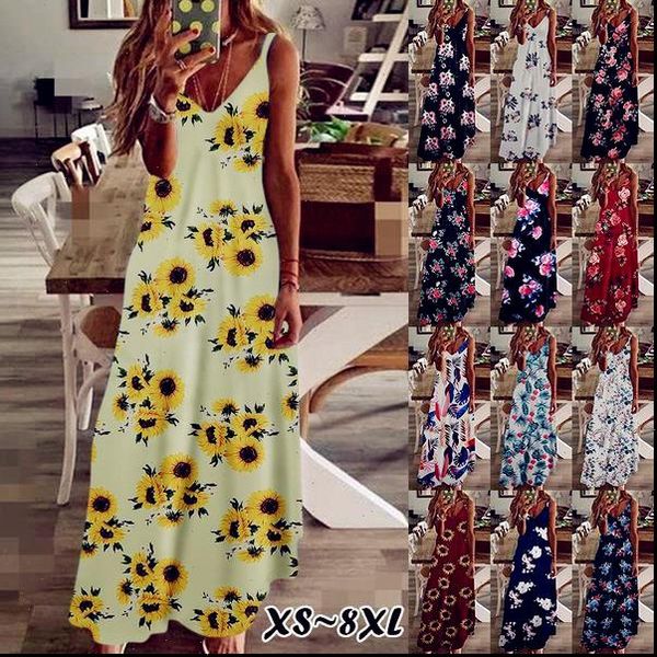 

fashion women dress strap casual beach cotton summer boho floral print maxi plus sizes big large, Black;gray