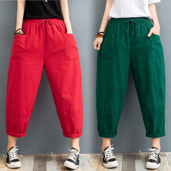 

women's pants & capris cotton linen women autumn summer large size solid color harem elastic waist loose casual woman's trousers k, Black;white
