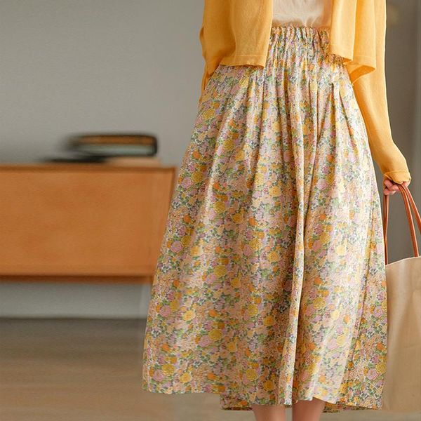 

skirts johnature cotton print flowers casual elastic waist 2021 women loose all-match vintage elegant mori girls a-line, Black