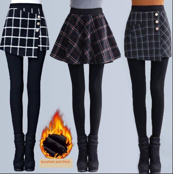 

winter tartan skirt fake women leggings two piece outer wear black stirrup trousers thin high waist culottes fleece thickening