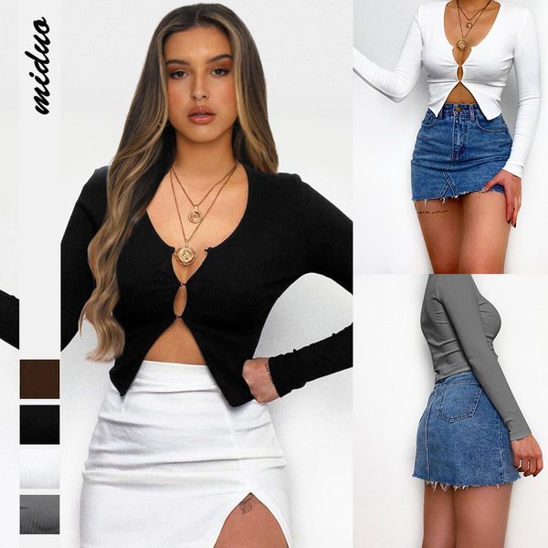 

pure color spring and autumn long-sleeved t shirts women's cardigan tight-fitting v-neck stitching bottoming top, White
