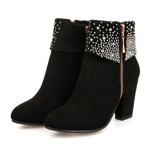 

boots women rhinestone short square high heel round toe comfortable zipper pumps winter casual shoes zapatos de mujer, Black