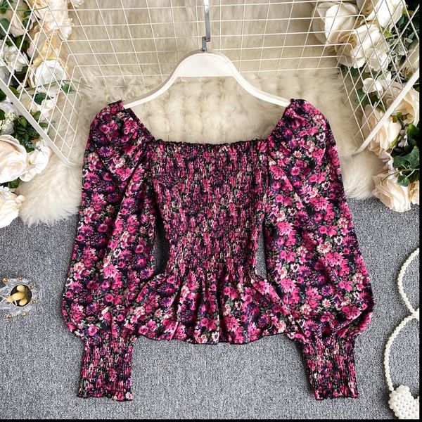 

womens autumn shirt retro blouse square collar elastic slim short puff sleeve holiday style floral shirts female blusa pl519, White