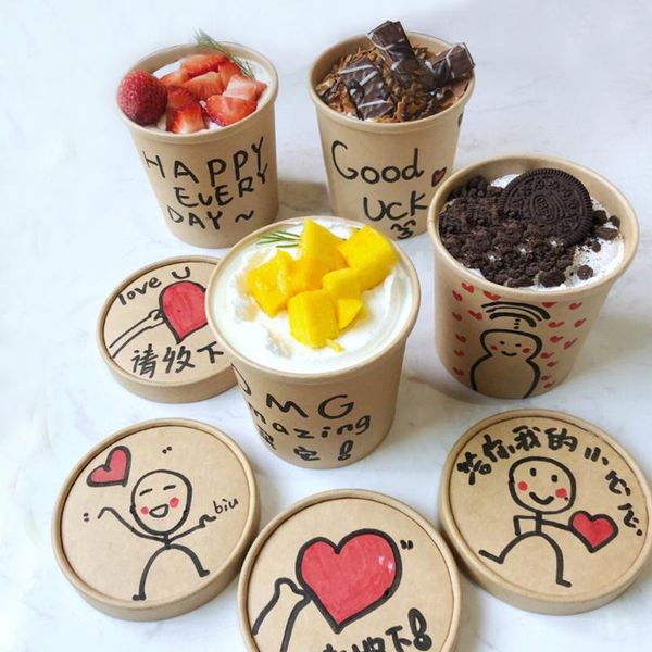 

disposable cups & straws 50pcs net red ice cream cup 350ml 460ml kraft paper cake dessert water and oil proof food salad fruit lunch boxes w