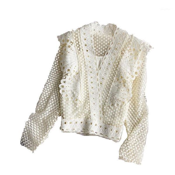 

women's two-piece v-neck beige tunics lace floral pattern hollow out spring and summer temperament long sleeve blouses & shirts, White