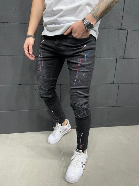 

men's jeans men skinny ripped stretch fashion elastic paint punk pants scratched streetwear hip hop, Blue