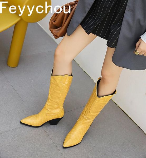 

boots women's autumn winter high heel pu knee-high pointed toe modern square slip on 2021 fashion yellow, Black