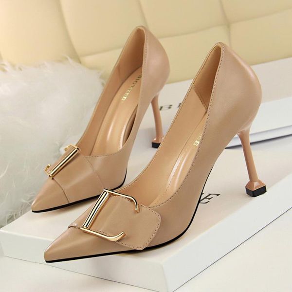 

autumn women shoes pointed toe pumps 9.5cm thin heels wedding dress occupation ol metal belt buckle pu high boat, Black