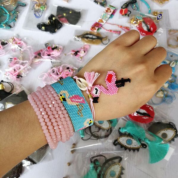 Braccialetti con ciondoli SHINUSBOHO 3 Pz / set Uomo Pulseras con frange di perline Bijoux MIYUKI Bracciale con fenicottero rosa per le donne Gioielli Animlal