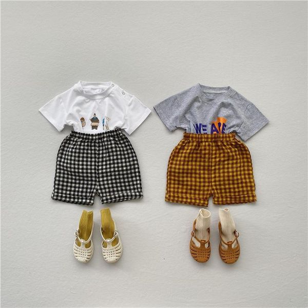 

clothing sets 2021 summer toddler baby clothes set boy girl casual cartoon character pattern short sleeve + kid plaid shorts 2pcs, White