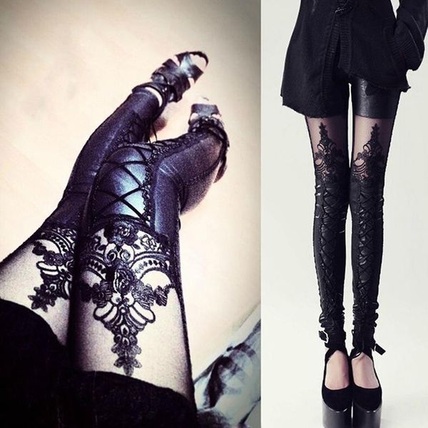 

women's leggings fashion woman stitching lace stretch skinny leg faux leather women pants punk autumn pant, Black