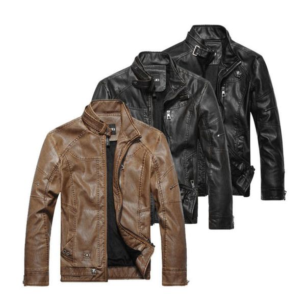 

men's jackets autumn mens jacket winter men solid color faux pu leather casual embroidery biker coat zipper fleece, Black;brown