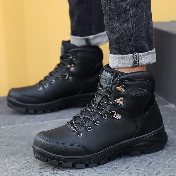 

boots men fur warm snow plush winter work shoes ankle lace up outdoor men's sneakers footwear, Black
