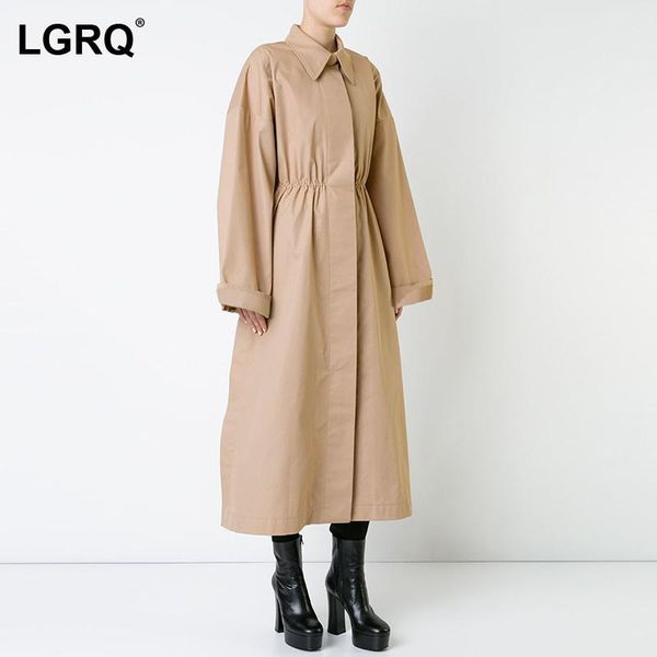 

women's trench coats [lgrq] women khaki ruched temperament lapel long sleeve loose fit windbreaker fashion tide autumn winter 2021 19d2, Tan;black