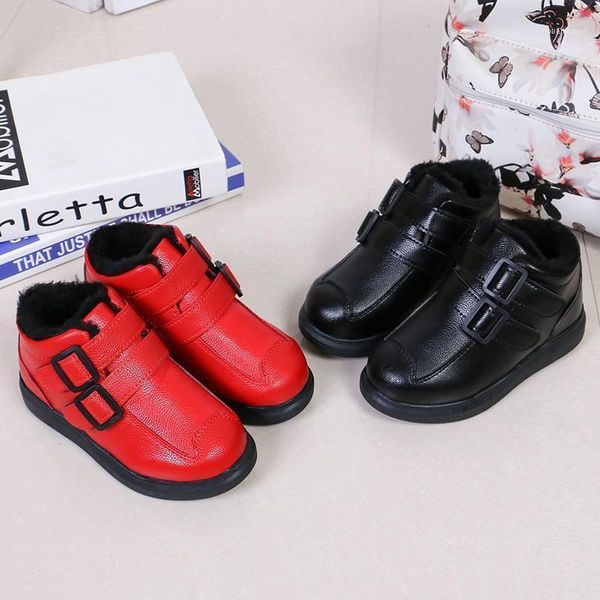 

boots fashion winter girls red ankle kids warm plush buckle children shoes non-slip rubber leather size 26-371, Black;grey