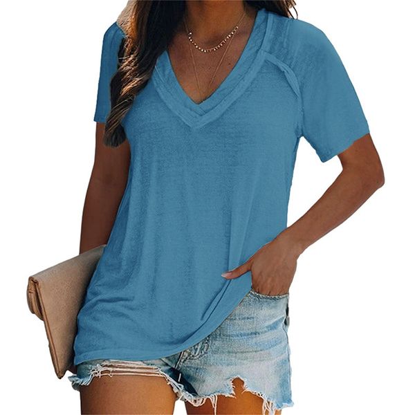 

european and american summer women's splicing hem solid v-neck short sleeve t-shirt, White