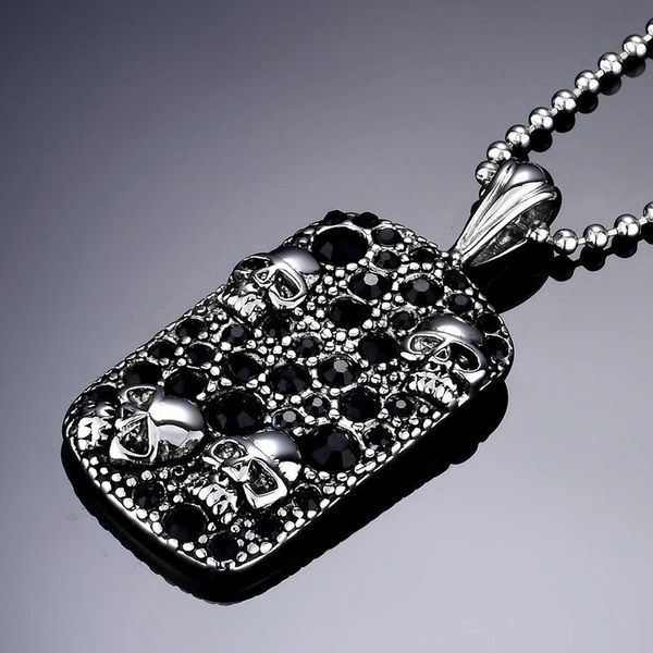 

european and american exaggerated tag men's titanium steel inlaid zircon skull pendant accessories jewelry mens hip hop necklaces, Silver