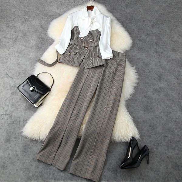 

dress european american women's wear winter style bow with seven-point sleeves and plaid coat trousers fashion suits m4dn, White