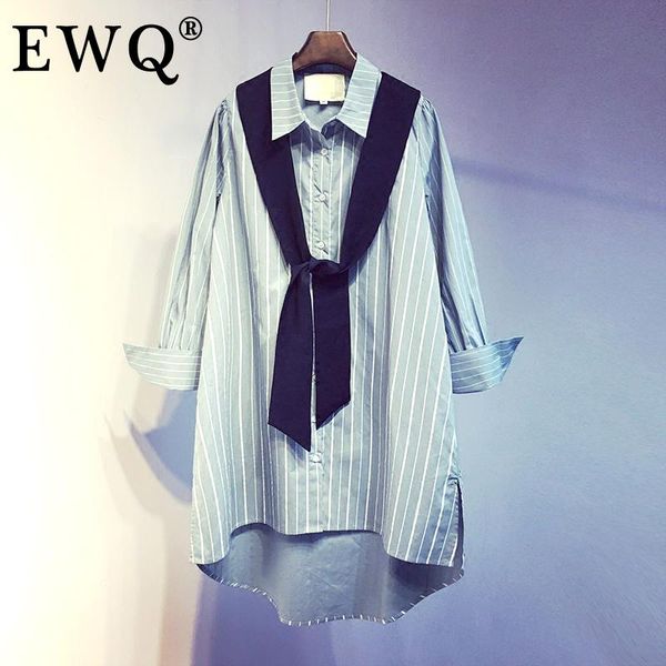 

[ewq] striped shirt women long sleeve medium length loose with shawl lapel collar casual fashion tide 2021 spring 3gd237 women's blouse, White